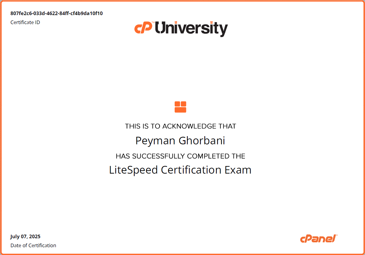 تأیید مهارت در نصب، پیکربندی، بهینه‌سازی و عیب‌یابی وب‌سرور LiteSpeed روی سرورهای cPanel/WHM.